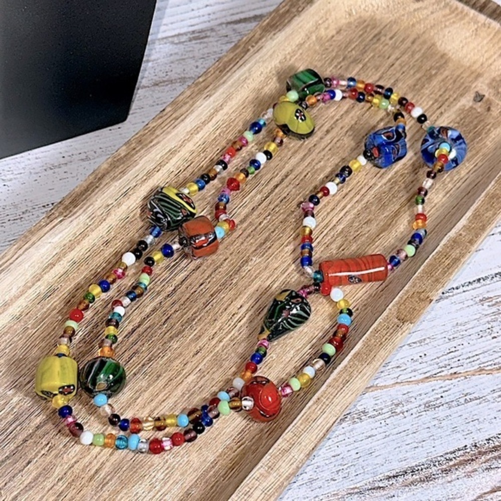 Gorgeous Vintage Murano Glass Beaded Necklace | Artisan Painted Glass Bead